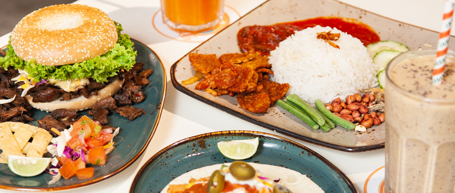 Sala’s pulled jackfruit burritos and tacos, the Bagel Burger, Mushroom Nasi Lemak and smoothies