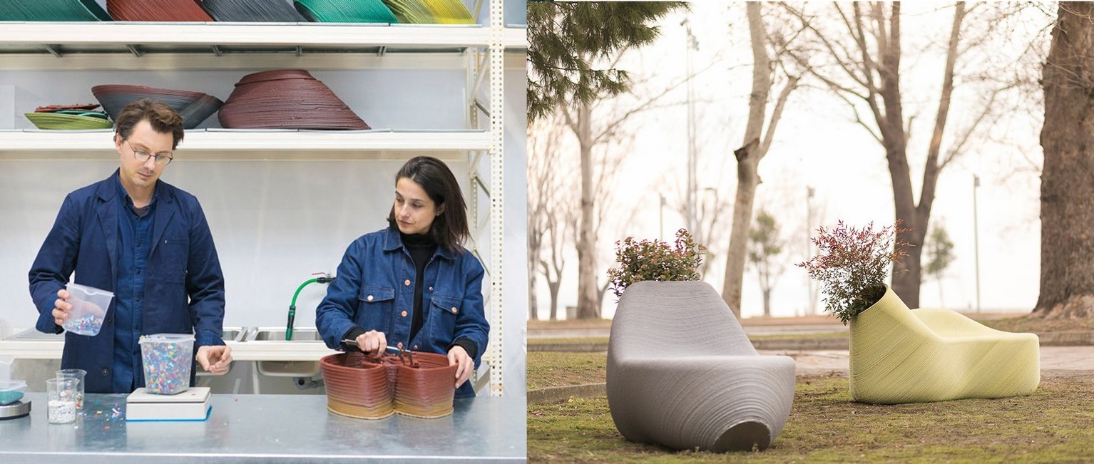 3D printed custom street furniture from plastic household waste as part of “Build Your City” project, Rotterdam studio, The New Raw in Greece